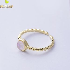 Flyleaf Gold Twist Moonstone Open Rings For Women High Quality Lady Sterling Silver Fashion Jewelry Bague Band