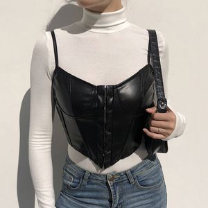 Y2K Skinny PU Pelle Crop Top Donna Sexy Aderente Solid Lace Up Canotte Street Wear Canotta da donna Clubwear Gilet senza maniche 210515