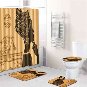 4pcs / 세트 샤워 커튼 목욕 매트 세트 아프리카 여자 패턴 받침대 깔개 뚜껑 화장실 커버 안티 슬립 매트 욕실 커튼 210402