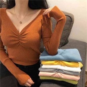 JMPRS Sexy V Neck Kobiety Sweter Jesień Dzianiny Pullover Jumper Chic Miękki Koreański Slim Z Długim Rękawem Kobiet Podstawowy Top 210805