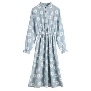 Céu azul mandarim colar de manga longa solta floral botão botão joelho comprimento camisa vestido veludo oduroy outono D1442 210514