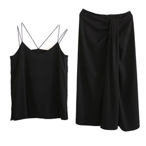 Svartgrå Solid V Nacke Ärmlös Sling Backless Bag Hip Zipper Midi Skirt Split Two-Piece Set Summer Korean T0173 210514