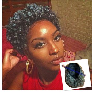 Wspaniały Krótki Szary Kinky Ponytail Ludzki Przedłużenie Włosów Dla Czarnych Kobiet Afro Puff Srebrny Szary Dwa Tone Blend Salt N Pieprz Naturalne Highlights Updo Bun 120g 10