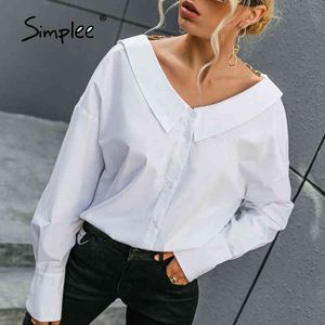 V Neck White Backless Chain Women T Shirts Långärmad Botton Turn Down Collar Tops Elegant Spring Blouse Ladies 210414