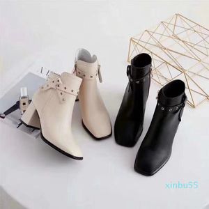 FASHION BLACK/CREAM ANKLE BOW 7CM CHUNKY HEEL HIGH SHORT boots