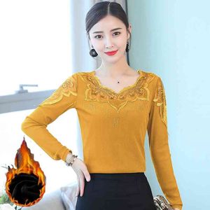 Koronki Diamenty Jesień Zima V-Neck Bluzka Koszule Kwiaty Slim Kobiety Z Długim Rękawem Sexy Plus Size Topy 955b 210420