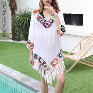 Knitwear Tassel Hollow Sillover Bluzka Damskie Letnie V-Neck Loose Hook Krótki Rękaw Koszula Plaża Kobieta 5C48 210427