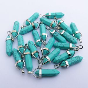 Partihandel 50st Blue Calaite Stone Pendant Naturliga Hexagonal Alloy Pillar Pendants Halsband för att göra smycken