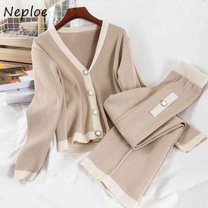 Neploe Hit Color Patchwork Loose Knit 2 pezzi Donna Set scollo a V manica lunga cardigan maglione + vita alta anca gamba larga pantaloni Tute 210510