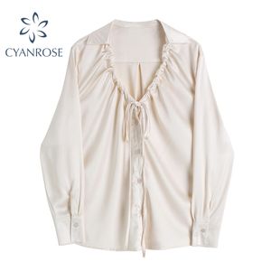 Spring Vintage Satin French Blouse And Shirt Tops Women Long Sleeve Drawstring Lace Up Collar Casual Elegant Shirt Ladies 210417