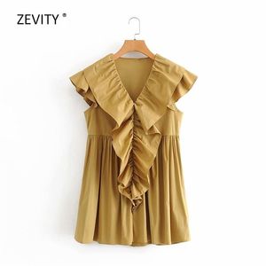 women V Neck Cascading ruffle Solid Poplin dress female Butterfly sleeve casual pleats vestido chic mini dresses DS3915 210420