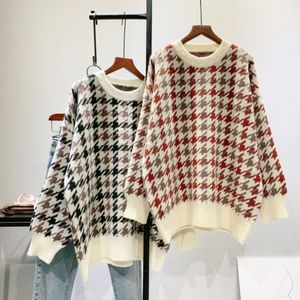 Eleganti maglioni pied de poule donna inverno vintage manica a pipistrello motivo geometrico pullover casual o collo maglioni lavorati a maglia allentati 210428