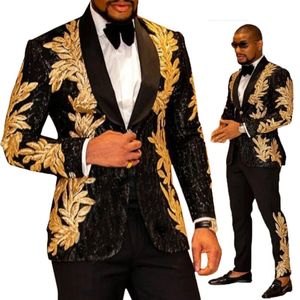 Est Black With Gold Embroidery Men Suits Two Pieces Shawl Lapel Blazer Slim Fit Wedding Tuxedos Fashion Mens Jacket And Pants Men's & Blazer