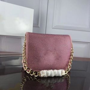 Designer Luxury Palazzo Pink Calf Strass Crystal Spike Studkedja Axelväska Kvinnor Crossbody Messenger Bags Storlek: 24x11x18cm