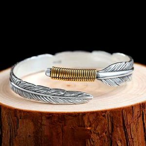 Bangle LeeSell 925 Sterling Silver Feather Bracelet Neutral Simple Ethnic Style Retro Opening Golden Fashion Trend Leaf Female Jewelry