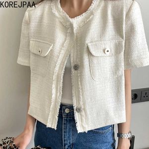 Korejpaa 여성 재킷 여름 숙녀 프랑스 기질 라운드 넥 술 바느질 두 버튼 카디건 트위드 짧은 재킷 210526