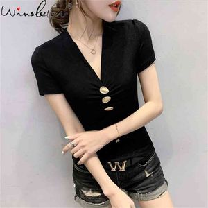 Estate vestiti europei T-shirt Moda sexy con scollo a V Drape Button Donna Top manica corta Bottoming Shirt Tees T13805A 210421