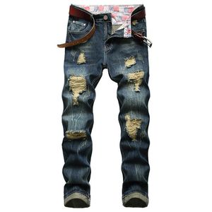 Jeans strappati blu scuro da uomo Denim Pantaloni in denim casual da uomo in cotone distrutto per jeans lunghi moda maschile Plus Size 28-42 X0621