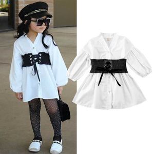 1-6Y Toddler Kids Baby Girls Dress Clothes Long Puff Sleeve Waist White A-Line Dress Shirt Top Dress Outfit Q0716