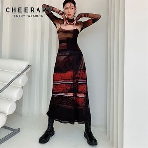 CHEERART 2 Piece Mesh Long Sleeve Punk Dres Turtleneck Midi Bodycon Ladies Dress Runway Fashion Designer Clothes 220311