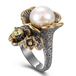 Eheallinge Elegante Schmuckring mit Perle Multi Bunte Stein Schwarz Gold Farbe Mode Einzigartige Design Party Jubiläumsgeschenk