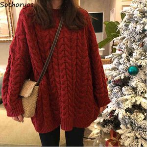 Frauen Rote Pullover Lose Langarm Oansatz Herbst Winter Pullover Strickwaren Warme Tops Koreanische Stil Vintage Jumper Einfacher Retro Y1110