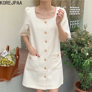 Korejpaa mulheres vestido verão coreia chique menina elegante temperamento quadrado pescoço vazando collarbone duplo bolso tweed vestidos 210526