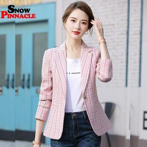 Frauen Blazer Herbst Slim Single Button Plaid Taschen Jacken Weibliche Retro- Anzüge Mantel Feminino Blazer 210524