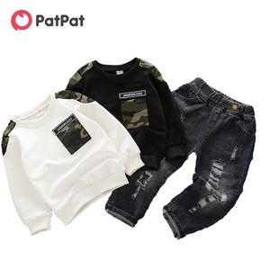 Przylot wiosna i jesień 2-częściowy berbeć berbeć chłopiec kamuflaż patchwork z długim rękawem dżinsowe spodnie zestaw 210528