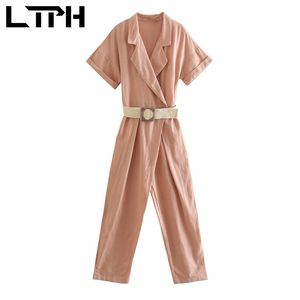 Verktyg stil kostym krage jumpsuits kvinnor vintage höga midja ramar bomull linne rompers casual jumpsuit summer 210427