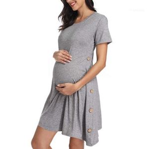Annelik Elbise Kısa Kollu Düğme Katı Renkli Yaz Kadın Dress1