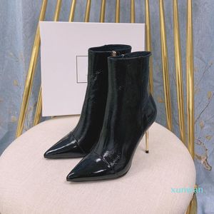 Boots 2021 Women Winter Metal Round Button Short Pointed Toe High Heels Genuine Leather