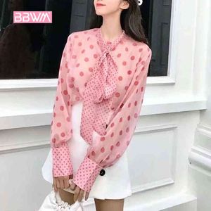 Spring women's small fragrance temperament pink bow tie bow point bottoming long-sleeved women's shirt office top 210507