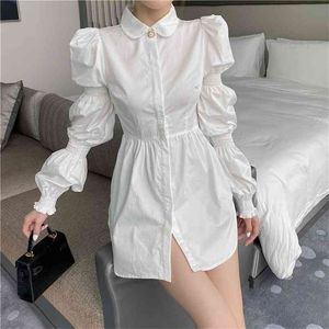 Women OL Shirt Spring White Peter Pan Collar Puff Long Sleeve Single Breasted Elegant Slim Blouse L-4XL 210519