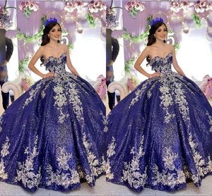 Sparkly Dark Navy Sequined Satin Quinceanera Dresses Prom Ball Gown Champagne Floral Applique Beading Strapless Lace-Up Back Sweet246e