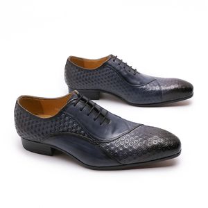 Мода итальянская обувь ручной работы осень мужские платье обувь кружева натуральная кожа свадебные формальные Оксфорды бизнес офис черная синяя обувь
