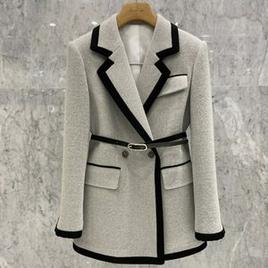New design women's fashion thickening wool casacos turn down collar sashes double breasted woolen coat blazer suit plus size SMLXLXXL