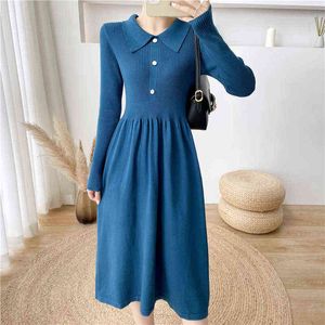 2021 Ol Jesień Elegancki Midi Długi Niebieski Sweter Knit Dress Dla Kobiet Długi Rękaw Downing Dresses Suknie Vintage Dress Winter Y1204