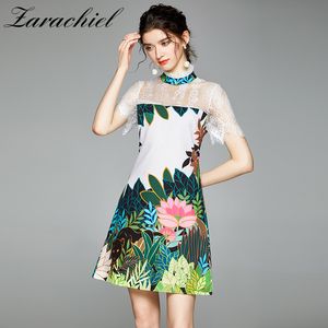 Mode Designer Runway Summer Women Lace Patchwork Ruffled Collar Animal Plant Floral Printing Loose A-Line Mini Dress 210416