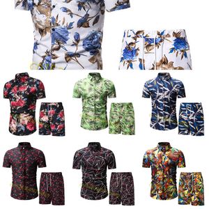 26Color Mężczyźni Hawaje Casual Set Moda 2 Sztuk Kostium Po pot Koszula z krótkim rękawem Koszula + Spodenki Zestawy Męski Dres Letni Wakacje Sportuit X0610