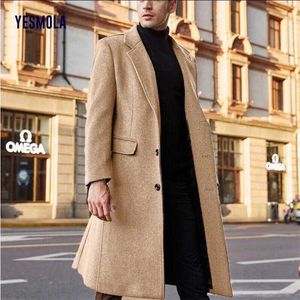 YESMOLA Autumn Winter Mens Coat Solid Long Sleeve Woolen Jackets Fleece Men Overcoat Streetwear Fashion Long Trench Outerwear 211106