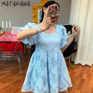 Matakawa Square Neck Kvinna Klänning Tung Jacquard Flowal Robe Femme High Waist Loose Lantern Sleeve Vestidos Korea Sommarklänningar 210513