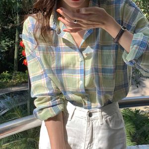 Yitimuceng Camicetta a quadri Donna Button Up Camicie oversize Manica lunga Vestiti verdi Primavera Estate Moda coreana Top 210601