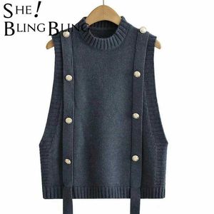 SheBlingBling Za Woman Gilets Traf Vest Autumn Winter Sleeveless Jersey Knit Sweater Rib Trims Button Strap Patchwork Tanks 211008