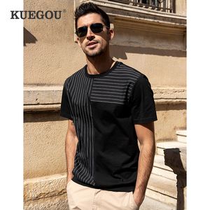 kuegou 100％コットン服メンズTシャツ半袖ファッションストライプパッチワークTシャツ夏の高品質トッププラスサイズ90063 210524