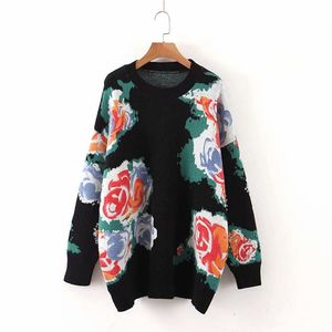 Vintage Chic Women Floral Print Sweaters Fashion Elegant Ladies Black O-Neck Pullovers Casual Jumpers for Girls 210520