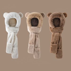 M410 New Winter Cute Bear Ear Hat Scarf Pocket Gloves Wholeness Women's Students Thick Earmuff Neck Warm Soft Faux Fur Plush Caps Hat Scarf