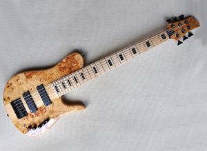 6 strängar naturlig trä färg nacke-thru-body elektrisk bas gitarr med 24 frets, aktiv krets, lönn fretboard