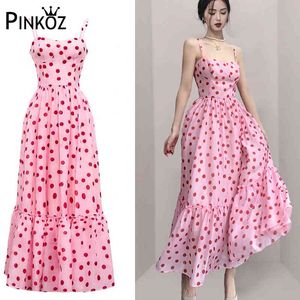 Różowy Polka Dot Summer Mesh Maxi Dress Dla Kobiet Słodkie Śliczne Spaghetti Pasek Długie Suknie Camisole Vestidos Kobiet Chic 210421