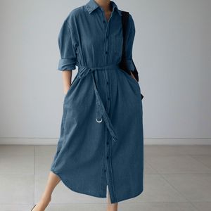 Artı Boyutu Moda Denim Mavi Gömlek Elbise kadın Bahar Sundress ZANZEA 2021 Rahat Uzun Kollu Maxi Vestidos Kadın Düğme Robe X0521